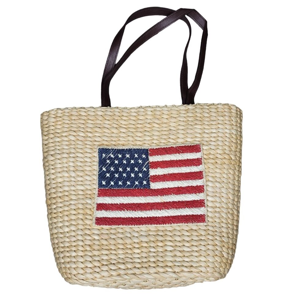 Handwoven Straw Tote Bag With American Flag embroidered Patch & Leather Straps